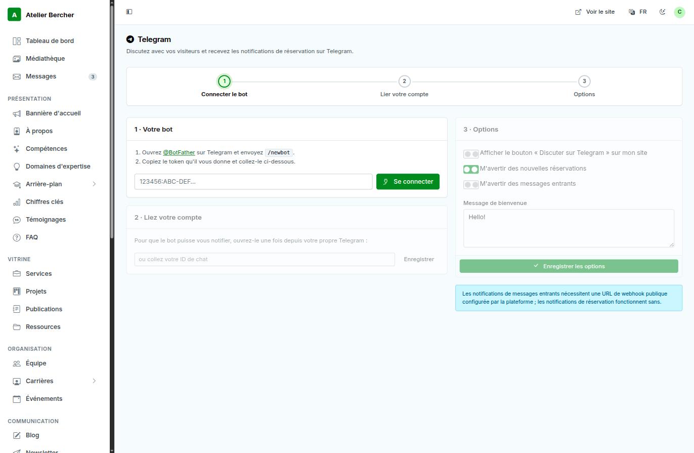 Der Telegram-Bildschirm: drei Schritte — Bot verbinden, Konto verknüpfen, Optionen.